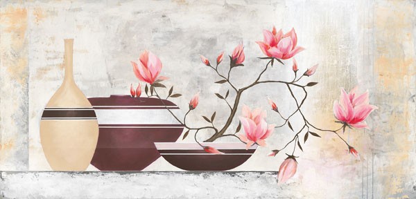 David Sedalia, PINK MAGNOLIAS I (Stillleben, Eleganz, edel,  Vasen, Zweige, Magnolien, klare Formen, abstrakte Muster, modern, Wohnzimmer, Esszimmer, Treppenhaus, Wunschgröße,)