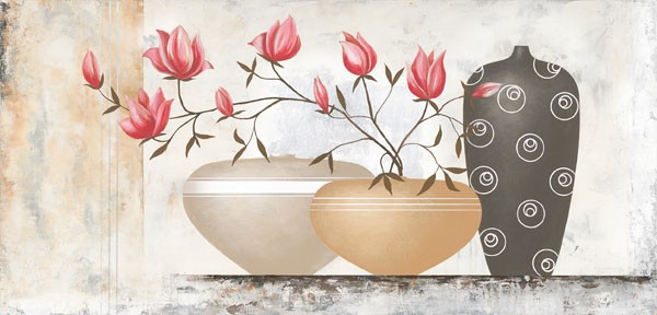 David Sedalia, PINK MAGNOLIAS II (Stillleben, Eleganz, edel,  Vasen, Zweige, Magnolien, klare Formen, abstrakte Muster, modern, Wohnzimmer, Esszimmer, Treppenhaus, Wunschgröße,)