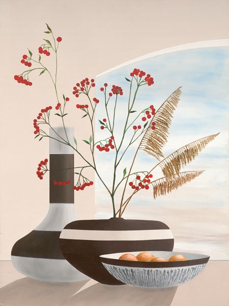 David Sedalia, ROWAN BERRIES I (Stillleben, Eleganz, edel,  Vasen, Schale, Zweige, rote Beeren, Gräser, klare Formen, abstrakte Muster, modern, Wohnzimmer, Esszimmer, Treppenhaus, Wunschgröße,)