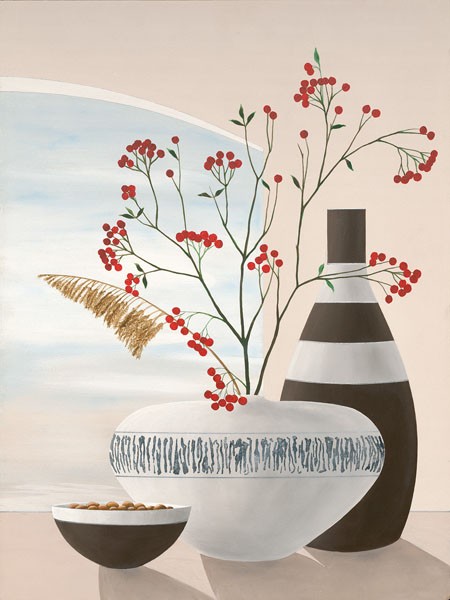 David Sedalia, ROWAN BERRIES II (Stillleben, Eleganz, edel,  Vasen, Schale, Zweige, rote Beeren, Gräser, klare Formen, abstrakte Muster, modern, Wohnzimmer, Esszimmer, Treppenhaus, Wunschgröße,)
