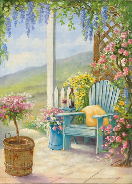 Eric Erwin, VERANDA II (Veranda, Terrasse, mediterran, südländisch, Idylle, Nostalgie, Sommer, Urlaub, Treppenhaus, Wohnzimmer, Wunschgröße, Malerei, bunt)