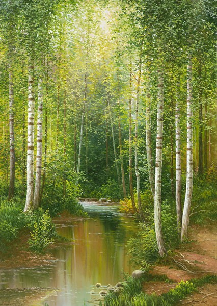 Svetlana Osipova, NEAR SAMARA (Landschaft, Landschaftsmalerei, Bäume, Birken, Wald, Bach, Idylle, Natur, Wunschgröße, Malerei, Wohnzimmer, bunt)