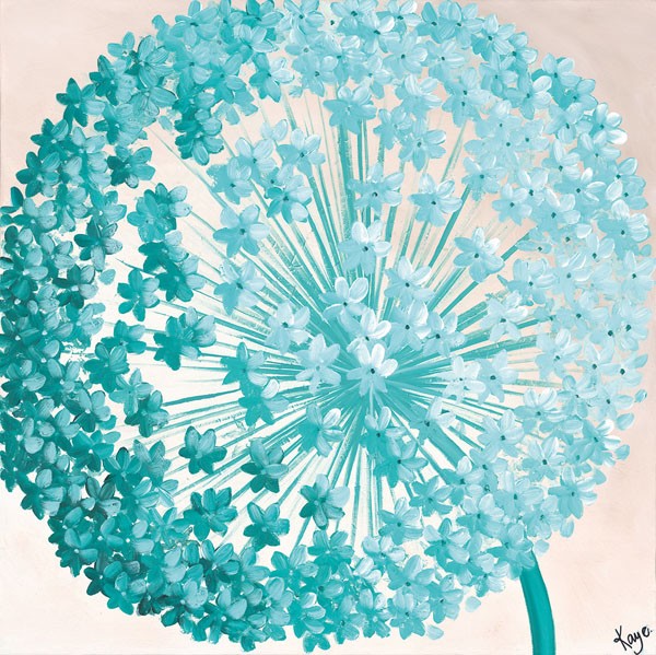 Kaye Lake, GIANT ALLIUM II (Malerei, Zeitgenössisch, Natur, Blumen, Blüten, Blütenzweig, Blütenball, Kräuter, Lauch, Wunschgröße, Treppenhaus, Wohnzimmer, Weiß / blau)