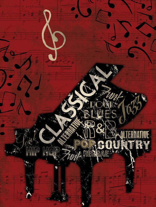 Jace Grey, CLASSICAL PIANO (Musikinstrument, Flügel, Silhouette, Typografie, Buchstaben, Worte, Noten, Nostalgie, Wunschgröße, Grafik, Wohnzimmer, Treppenhaus, schwarz/rot)