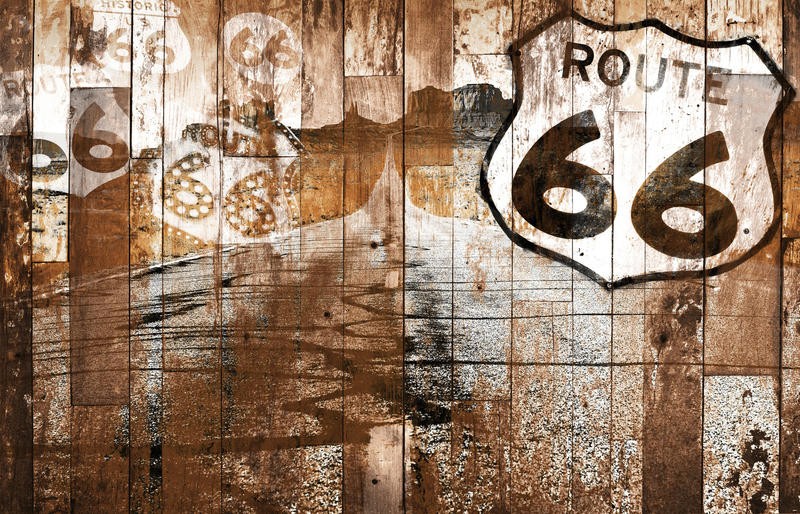 Jace Grey, ROUTE 66 BROWN (Reisen, retro, vintage, Landstraße, Highway, Typografie, Treppenhaus, Jugendzimmer, Grafik, Wunschgröße, bunt)
