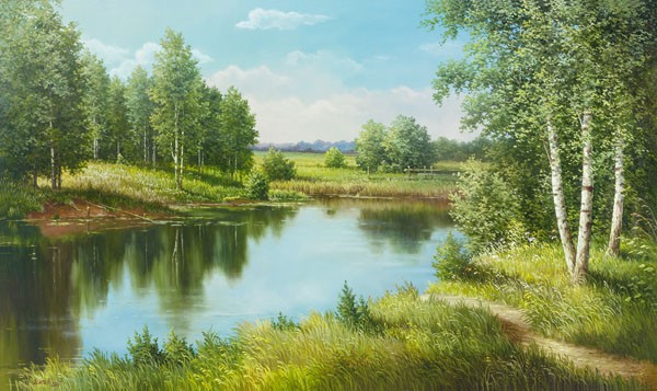 Svetlana Osipova, THE POOL (Landschaft, Landschaftsmalerei, Bäume, Birken, Teich, Pfad, Weg, Idylle, Natur, Wunschgröße, Malerei, Wohnzimmer, bunt)