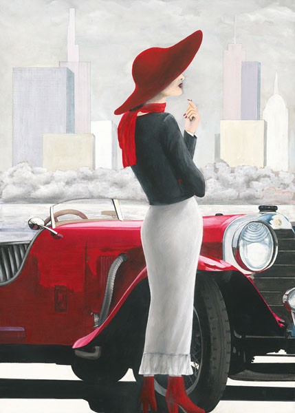 David Sedalia, CHARLENE II (Menschen, Frau, Eleganz, Nostalgie, Profil, roter Hut, rote Schuhe, Oldtimer, modern, Wunschgröße, modern, Wohnzimmer, schwarz/weiß/rot)