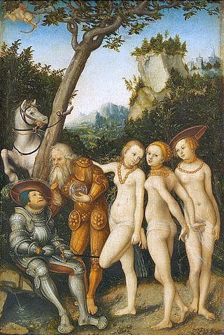 LUCAS CRANACH Der Ältere, Das Urteil des Paris. 1530. (Mythologie, Göttinnen, Aphrodite, Hera, Athene, Entscheidung, Schönheit, Kugel der Eris, Ritter, Klassiker, Renaissance, Wunschgröße, Wohnzimmer)