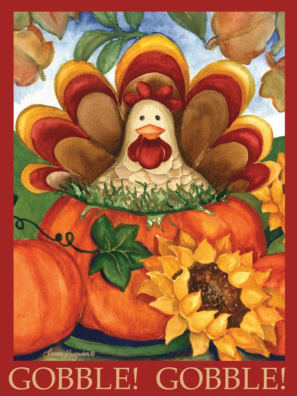 Laurie Korsgaden, GOBBLE GOBBLE II (Huhn, Kürbis, Sonnenblume, Herbst, Thanksgiving, Erntedankefest, naiv, lustig, Wunschgröße, Malerei, Esszimmer, Kinderzimmer, Treppenhaus, bunt)