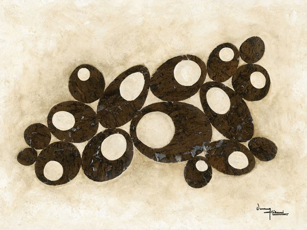 Umang Kikani, BROWN CIRCLES (Abstrakt, Malerei, geometrische Formen, Kreise, Kringel, Linien, Wohnzimmer, Treppenhaus, Arztpraxis, Wunschgröße, braun / beige)