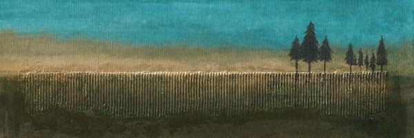 Umang Kikani, FIR TREES II (Landschaft, Landschaftsmalerei, Bäume, Tannen, Horizont, zeitgenössisch, modern, Wunschgröße, Wohnzimmer, Schlafzimmer, blau/grün)