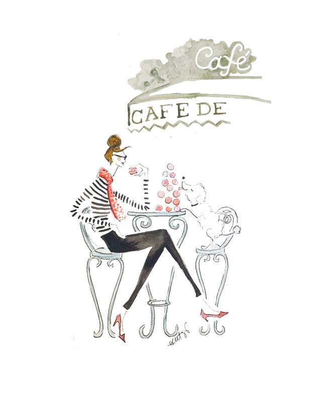 Alicia Zyburt, PARIS CAFE I (Café, Frau, Hund, Paris, Genuss, witzig, Aquarell, modern, Wohnzimmer, Jugendzimmer, Mädchenzimmer, Wunschgröße, bunt)