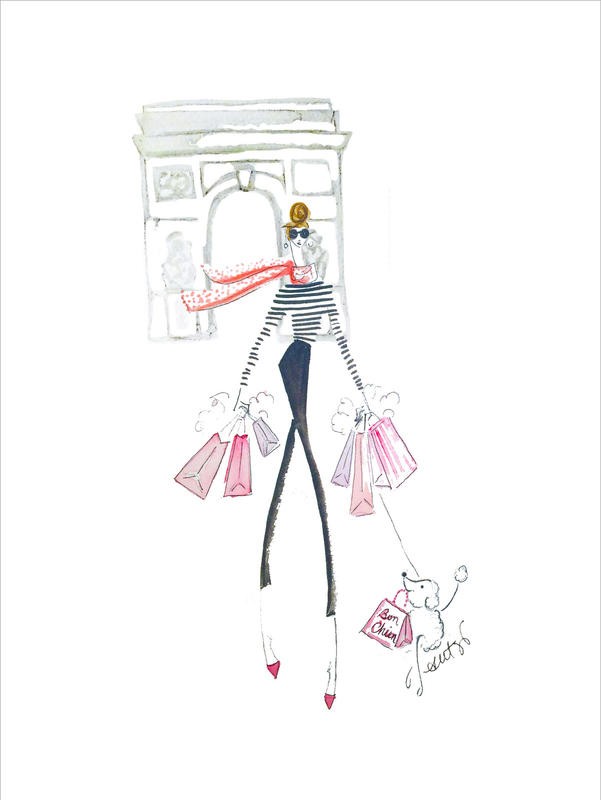 Alicia Zyburt, PARIS SHOPPING (Frau, Hund, Arc de Triomphe, shopping, Tüten, Einkaufen, Paris, witzig, Aquarell, modern, skizziert, Wohnzimmer, Jugendzimmer, Mädchenzimmer, Wunschgröße, bunt)