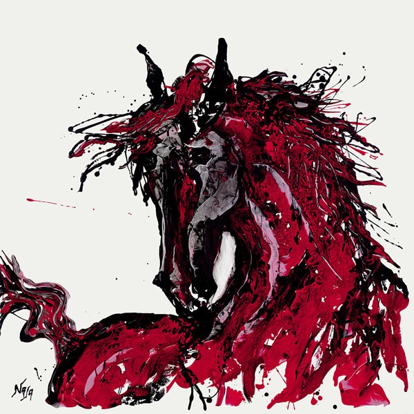 Naja, RED HORSE (Pferd, lebhaft, wild, Tier, Mähne, Tierportrait, Aquarell, Zeichnung, Treppenhaus, Wohnzimmer, Wunschgröße, rot/schwarz)