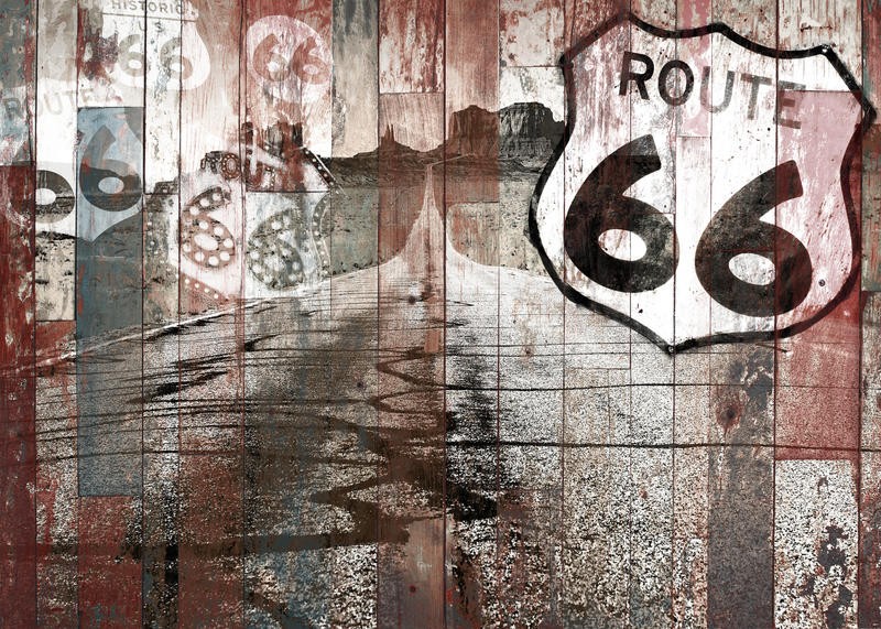 Jace Grey, ROUTE 66 WOOD IV (Reisen, retro, vintage, Landstraße, Highway, Typografie, Treppenhaus, Jugendzimmer, Grafik, Wunschgröße, bunt)
