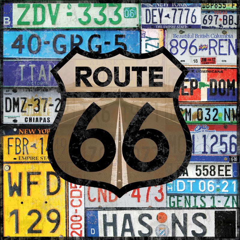 Lauren Gibbons, ROUTE 66 PLATES I (Reisen, Autokennzeichen, Landstraße, Highway, Typografie, Treppenhaus, Jugendzimmer, Grafik, Wunschgröße, bunt)