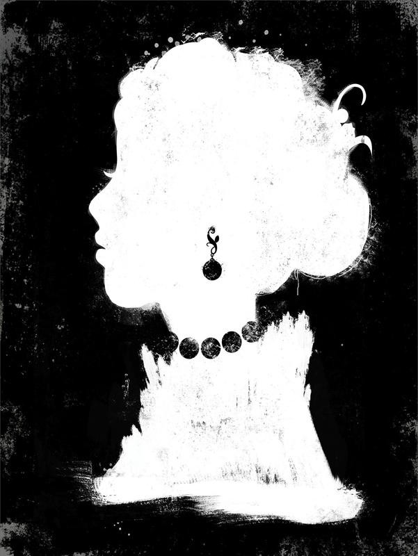 Cynthia Alvarez, SILHOUETTE WOMAN I (Frauenkopf, Profil, Silhouette,Ohrring, Halskette, vornehm, Dame, Grafik, Schlafzimmer,  Wohnzimmer, Treppenhaus, Wunschgröße, schwarz/weiß)