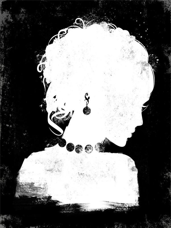 Cynthia Alvarez, SILHOUETTE WOMAN II (Frauenkopf, Profil, Silhouette,Ohrring, Halskette, vornehm, Dame, Grafik, Schlafzimmer,  Wohnzimmer, Treppenhaus, Wunschgröße, schwarz/weiß)