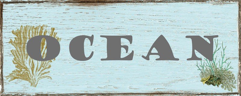 Sheldon Lewis, BEACH AND OCEAN II (Schild, Meer, Ozean, Holzschild, maritim, Typografie, Nostalgie, Retro, Badezimmmer, Treppenhaus, Wunschgröße, blau/grau)
