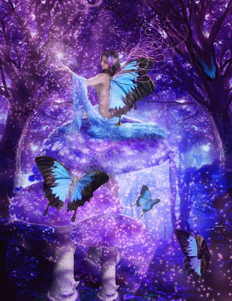Babette, SKY FAIRY (Elfe, Elfenflügel, Schmetterlinge, Himmelselfe, Bäume, Lichtpunkte, Elfenstaub, mystisch, Fantasy, Märchen, Traumwelt, Jugendzimmer, Schlafzimmer, Wohnzimmer, Treppenhaus, Wunschgröße, Digitalkunst, lila)