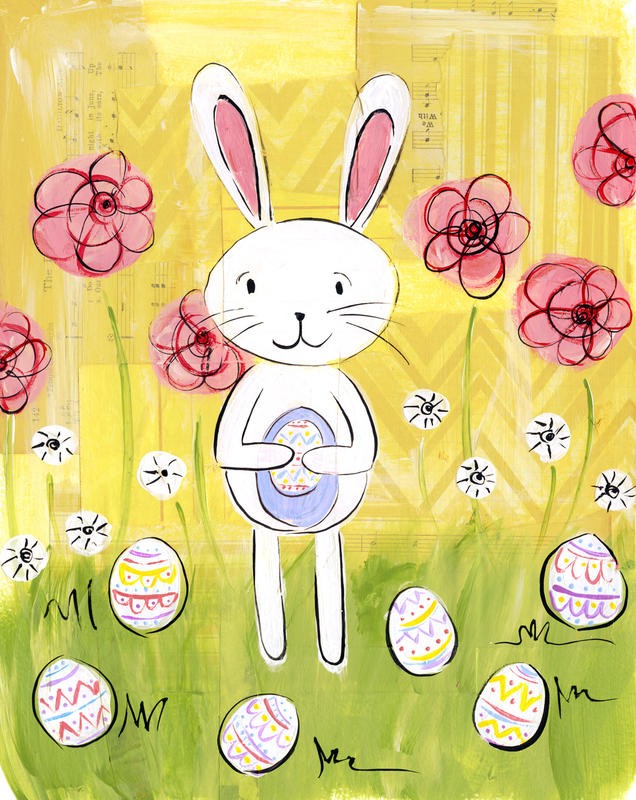 Erin Butson, BUNNY I (Osterhase, Blumen, Ostereier, witzig, lustig, Grafik, Wohnzimmer, Treppenhaus, Kinderzimmer,  Wunschgröße, bunt)