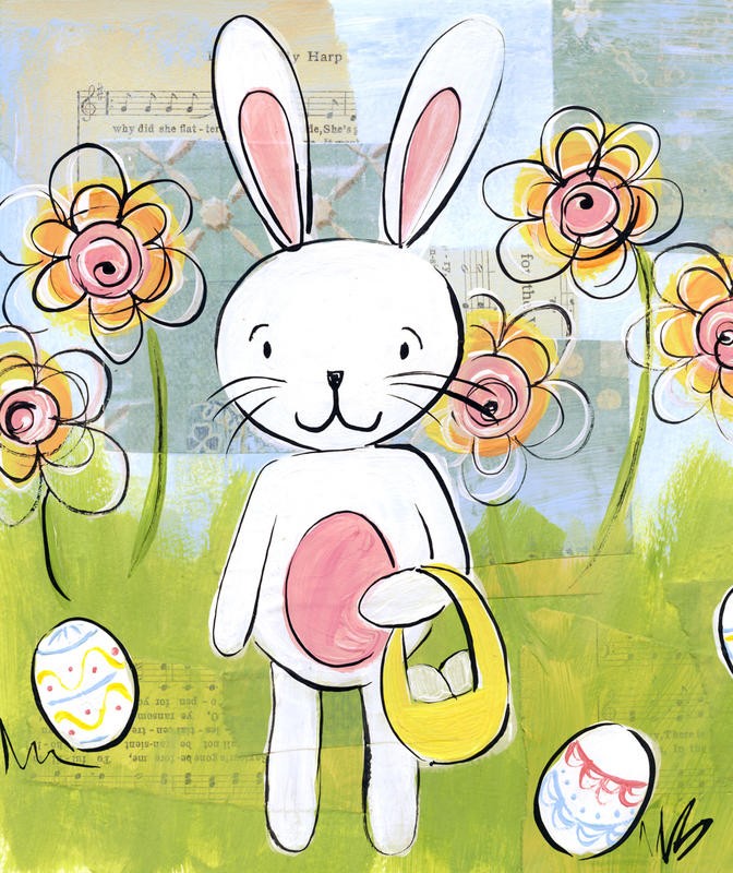 Erin Butson, BUNNY II (Osterhase, Blumen, Ostereier, witzig, lustig, Grafik, Wohnzimmer, Treppenhaus, Kinderzimmer,  Wunschgröße, bunt)