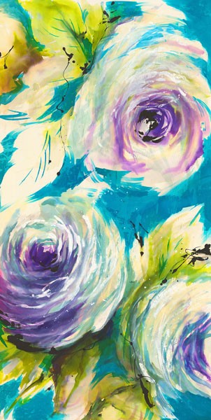 Michael Ganz, FLORAL ON TURQUOIS III (Rosen, Blumen, Blüten, Blütenblätter, modern, frisch, dekorativ, Wunschgröße, Treppenhaus, Schlafzimmer, Wohnzimmer, Malerei, türkis/bunt)