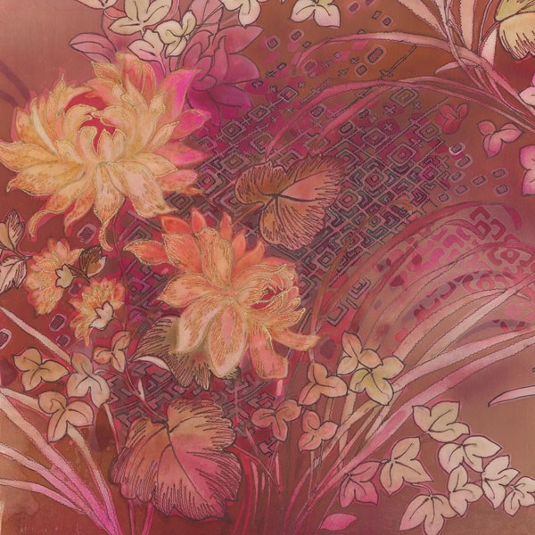Michael Ganz, SILK TAPESTRY II (Blumen, Blüten, florale Muster, Tapete, dekorativ, Wunschgröße, Treppenhaus, Schlafzimmer, Wohnzimmer, Malerei, rot)