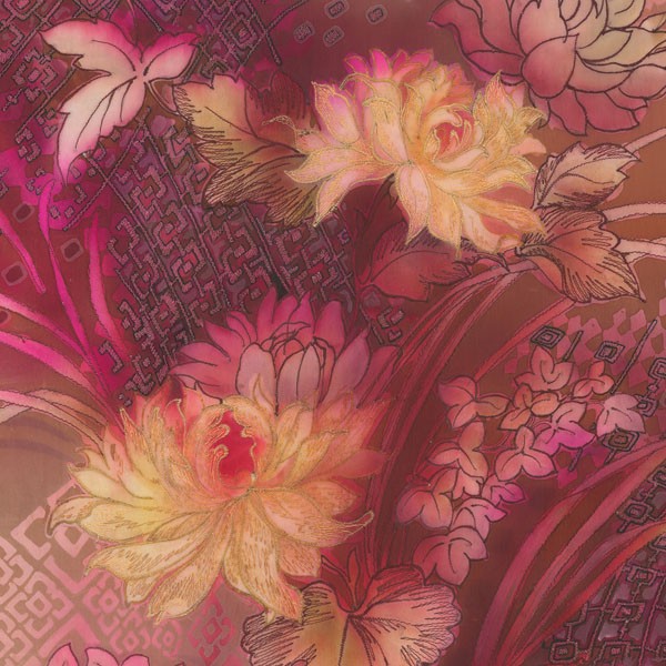 Michael Ganz, SILK TAPESTRY III (Blumen, Blüten, florale Muster, Tapete, dekorativ, Wunschgröße, Treppenhaus, Schlafzimmer, Wohnzimmer, Malerei, rot)