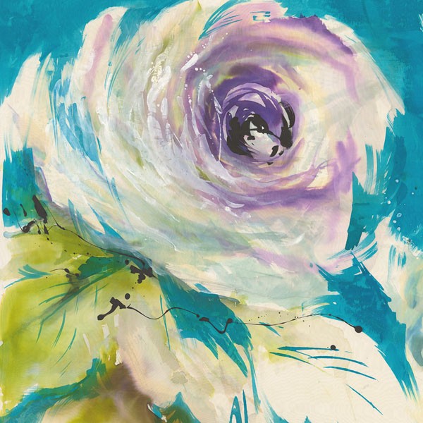 Michael Ganz, FLORAL ON TURQUOIS I (Rosen, Blumen, Blüten, Blütenblätter, modern, frisch, dekorativ, Wunschgröße, Treppenhaus, Schlafzimmer, Wohnzimmer, Malerei, türkis/bunt)