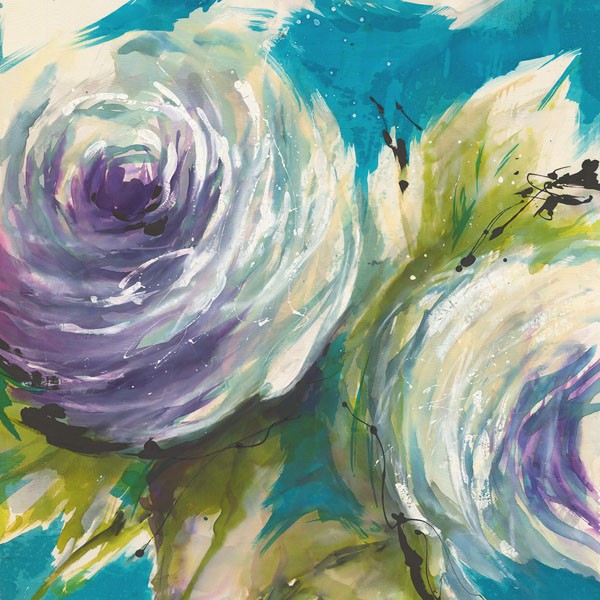 Michael Ganz, FLORAL ON TURQUOIS II (Rosen, Blumen, Blüten, Blütenblätter, modern, frisch, dekorativ, Wunschgröße, Treppenhaus, Schlafzimmer, Wohnzimmer, Malerei, türkis/bunt)