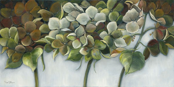 Rian Withaar, GREEN HYDRANGEAS (Blumen, Blüten,Hortensien, Pflanzen, modern, zeitgenössisch, Treppenhaus, Wohnzimmer, Wunschgröße, Malerei, bunt)