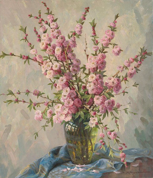 E. Krüger, PINK CHERRY BLOSSOMS (Kirschblüten, blütenzweige, Frühling, Strauß, Blüten, Blumensvase, üppig, Stillleben, Nostalgie, Malerei, Esszimmer, Wohnzimmer, Wunschgröße, bunt)