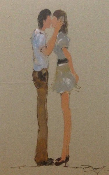 Shenli, TENDER KISS (Frau, Mann, Paar, lässig, Freizeit, Mode, Kuss, modern, zeitgenössisch, Wunschgröße, Wohnzimmer, Treppenhaus,)