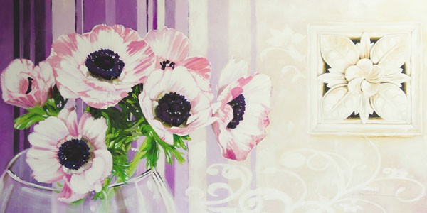 Warminski, PRETTY FLOWERS II (Blumenvase, Anemonen, Blumen, Blüten, Muster, Streifen,  Malerei, Wunschgröße,  modern, Treppenhaus, Wohnzimmer,  bunt)