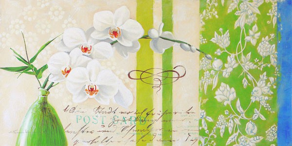 Warminski, FLORAL GREETINGS I (Blumenvase, Orchidee, Blume, Blüten, frisch, Muster, Streifen, Blumenmuster, Malerei, Wunschgröße, Kaligrafie, modern, Treppenhaus, Wohnzimmer, bunt)