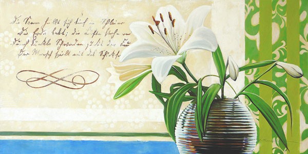 Warminski, FLORAL GREETINGS II (Blumenvase, Lilie, Blume, Blüte, Muster, Streifen, Ornamente, Malerei, Wunschgröße, Kaligrafie, modern, Treppenhaus, Wohnzimmer, bunt)