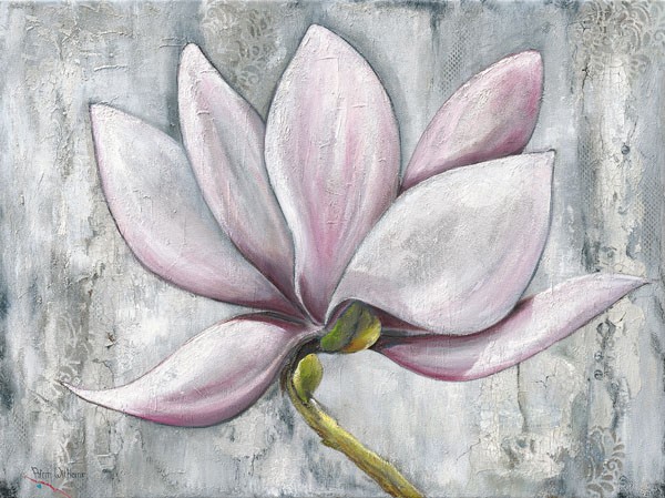 Rian Withaar, PINK MAGNOLIA (Blumen, Blüten, Magnolie, Pflanzen, modern, zeitgenössisch, Treppenhaus, Wohnzimmer, Wunschgröße, Malerei, grau/pink)