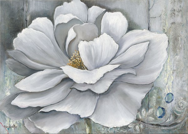 Rian Withaar, FLOWER DREAM (Blumen, Blüten, üppig, Blütenblätter, Pflanze, modern, zeitgenössisch, Treppenhaus, Wohnzimmer, Wunschgröße, Malerei,grau/weiß)