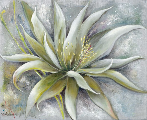 Rian Withaar, GREEN FLOWER (Blumen, Blüten, üppig, Blütenblätter, Pflanze, modern, zeitgenössisch, Treppenhaus, Wohnzimmer, Wunschgröße, Malerei,grau/grün)