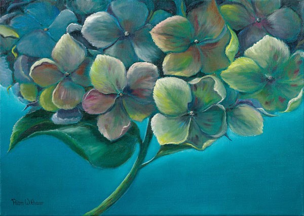 Rian Withaar, HYDRANGEA I (Blumen, Blüten,Hortensien, Pflanzen, modern, zeitgenössisch, Treppenhaus, Wohnzimmer, Wunschgröße, Malerei, blau/bunt)