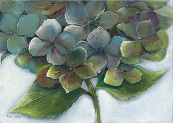 Rian Withaar, HYDRANGEA II (Blumen, Blüten,Hortensien, Pflanzen, modern, zeitgenössisch, Treppenhaus, Wohnzimmer, Wunschgröße, Malerei, bunt)