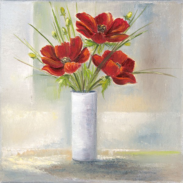 Rian Withaar, RED FLOWERS I (Blumen, Blüten,  Mohnblumen, Stillleben, Vase, modern, zeitgenössisch, Treppenhaus, Wohnzimmer, Wunschgröße, Malerei, bunt)