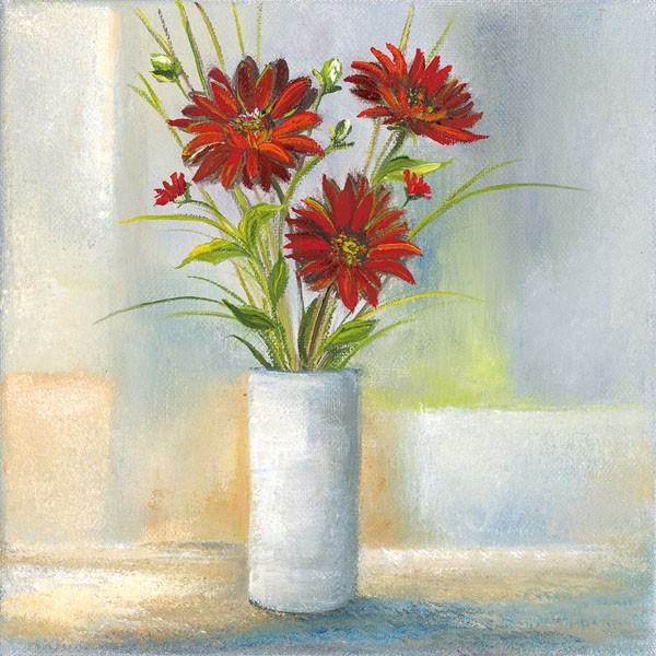 Rian Withaar, RED FLOWERS II (Blumen, rote Blüten, Stillleben, Vase, modern, zeitgenössisch, Treppenhaus, Wohnzimmer, Wunschgröße, Malerei, bunt)