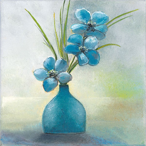 Rian Withaar, BLUE FLOWERS I (Blumen,blaue Blüten, Stillleben, blaue Vase, modern, zeitgenössisch, Treppenhaus, Wohnzimmer, Wunschgröße, Malerei, bunt)