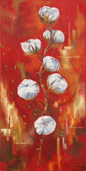 Rian Withaar, COTTON II (Blumen, Blüten, Baumwolle, Baumwollzweig, abstrakter Hintergrund, Pflanze, modern, zeitgenössisch, Treppenhaus, Wohnzimmer, Wunschgröße, Malerei, bunt)