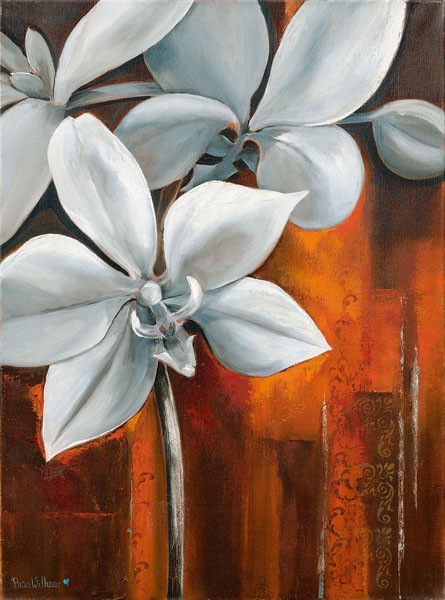 Rian Withaar, WHITE ORCHID II (Blumen, Blüten, weiße Orchideen, Blütenblätter, abstrakter Hintergrund, Pflanze, modern, zeitgenössisch, Treppenhaus, Wohnzimmer, Wunschgröße, Malerei, bunt)