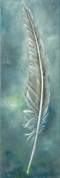 Rian Withaar, DREAMY FEATHER (Feder, Vogelfeder, Federkiel,  modern, zeitgenössisch, Treppenhaus, Wohnzimmer, Schlafzimmer, Wunschgröße, Malerei, bunt)