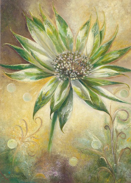 Rian Withaar, FANTASY FLOWER (Blumen, Blüten, üppig, Blütenblätter, Pflanze, modern, zeitgenössisch, Treppenhaus, Wohnzimmer, Wunschgröße, Malerei, grün/gelb)