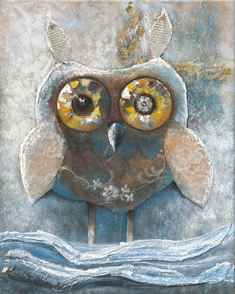 Rian Withaar, LACE OWL I (Eule, Vogel, modern, zeitgenössisch, naiv, Treppenhaus, Wohnzimmer, Wunschgröße, Malerei, grau/blau)